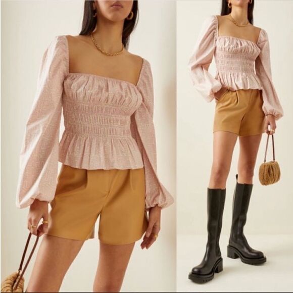 Staud Jules Top Smocked Square Neck Puff Sleeve Long Sleeve Pastel Maze XS - Picture 1 of 9